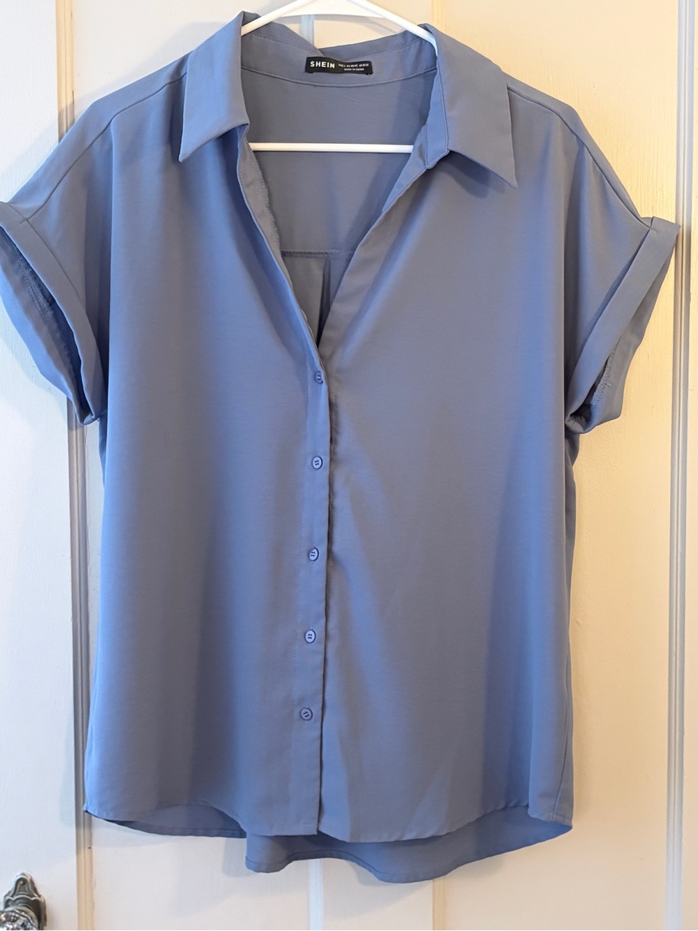Dusty Blue Short Sleeve Button-Front Blouse